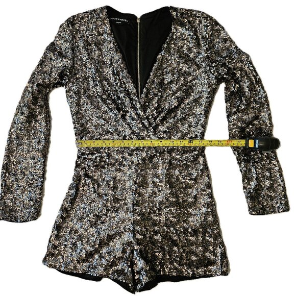 BEBE x NAVEN Bronze, Gunmetal, Gold, Sequin, Deep V-Neck, Romper Size 6 - Picture 4 of 12